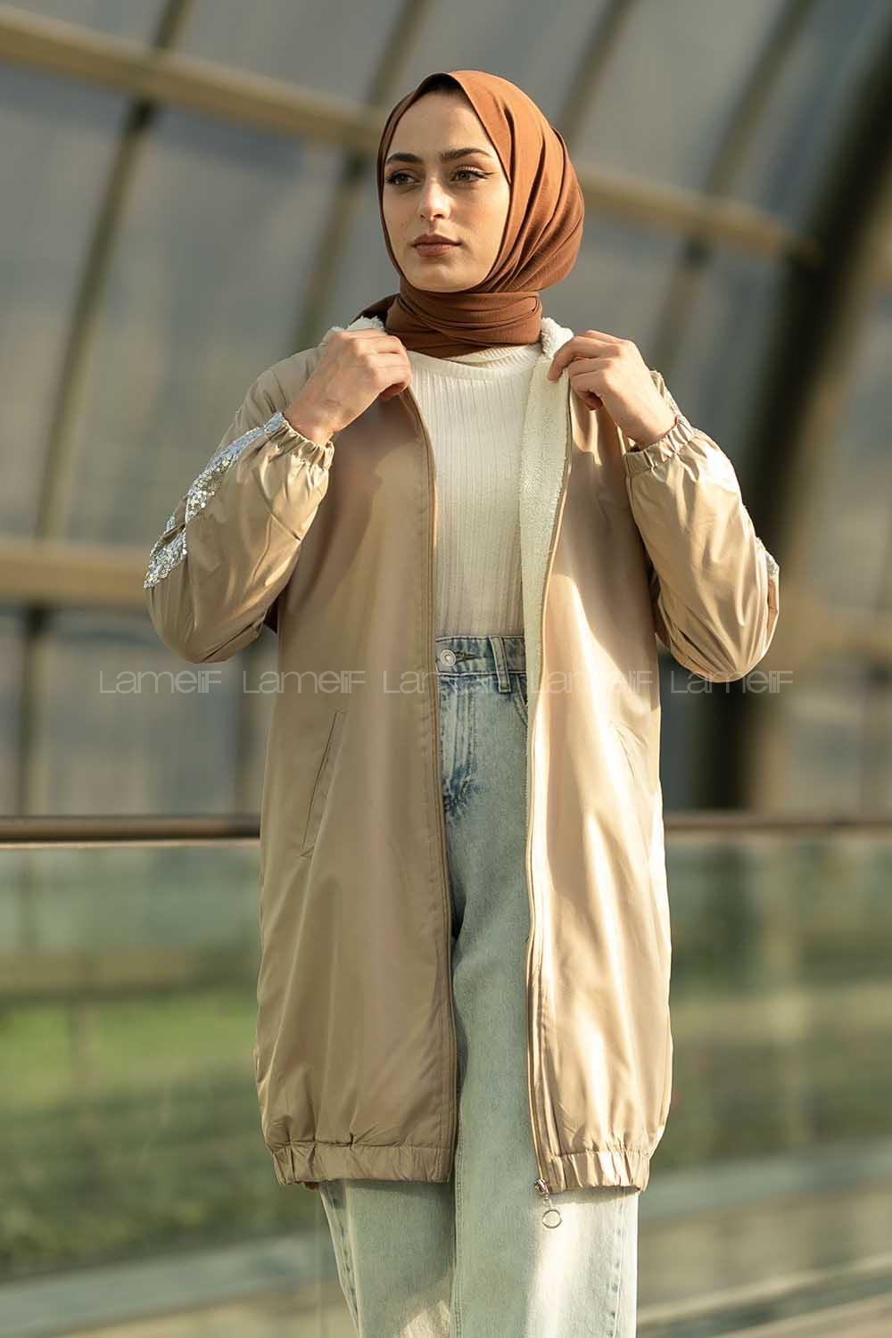 Modalamelif Kapüşonlu İçi Kürklü Kolları Pul Detaylı Mont Kum Beji