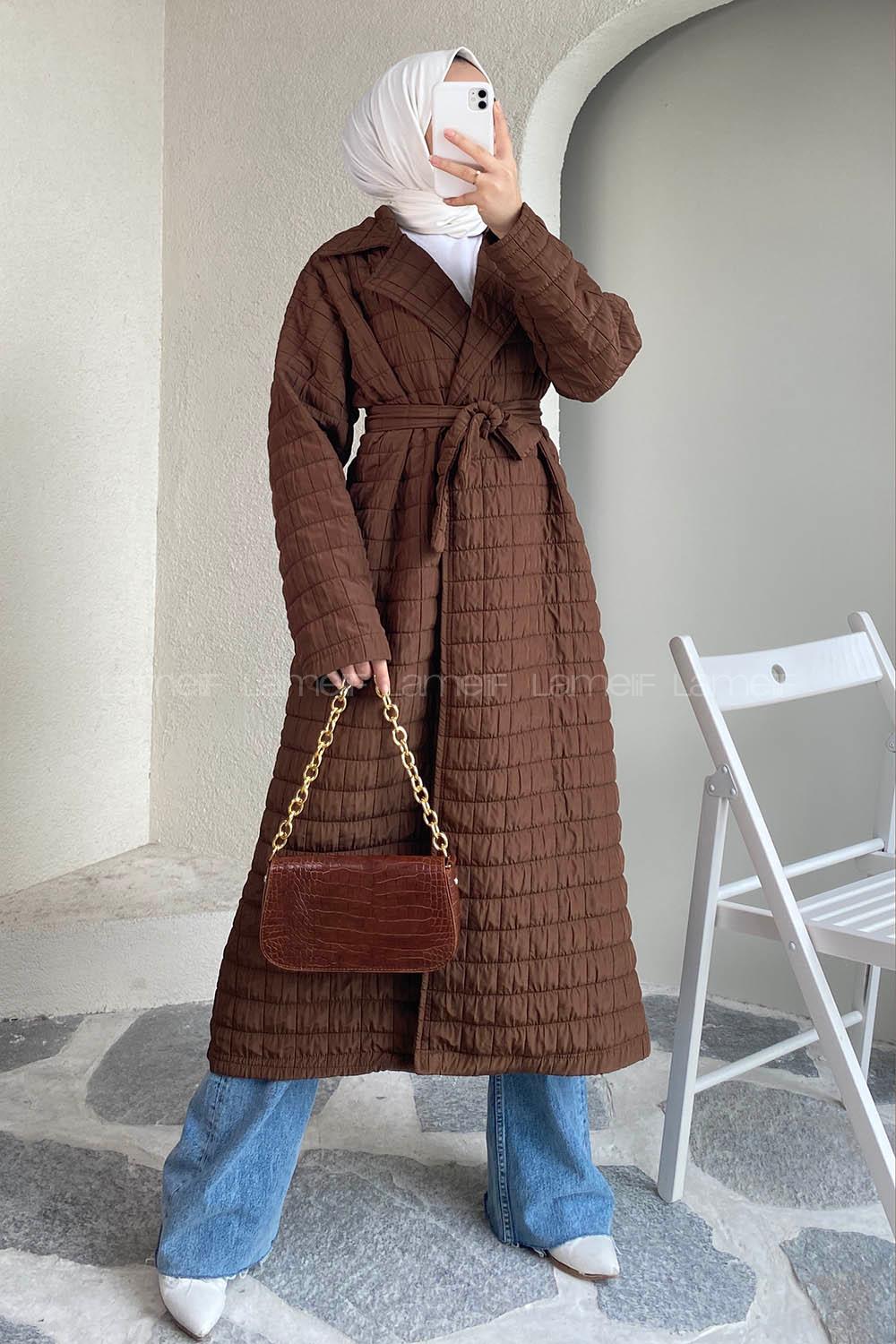 Modalamelif Kare Desenli Kuşak Bağlamalı Çift Cepli Kaban Acıkahve