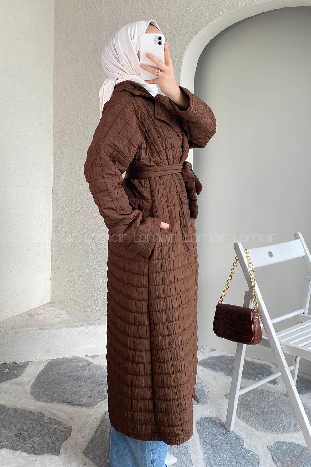 Modalamelif Kare Desenli Kuşak Bağlamalı Çift Cepli Kaban Acıkahve