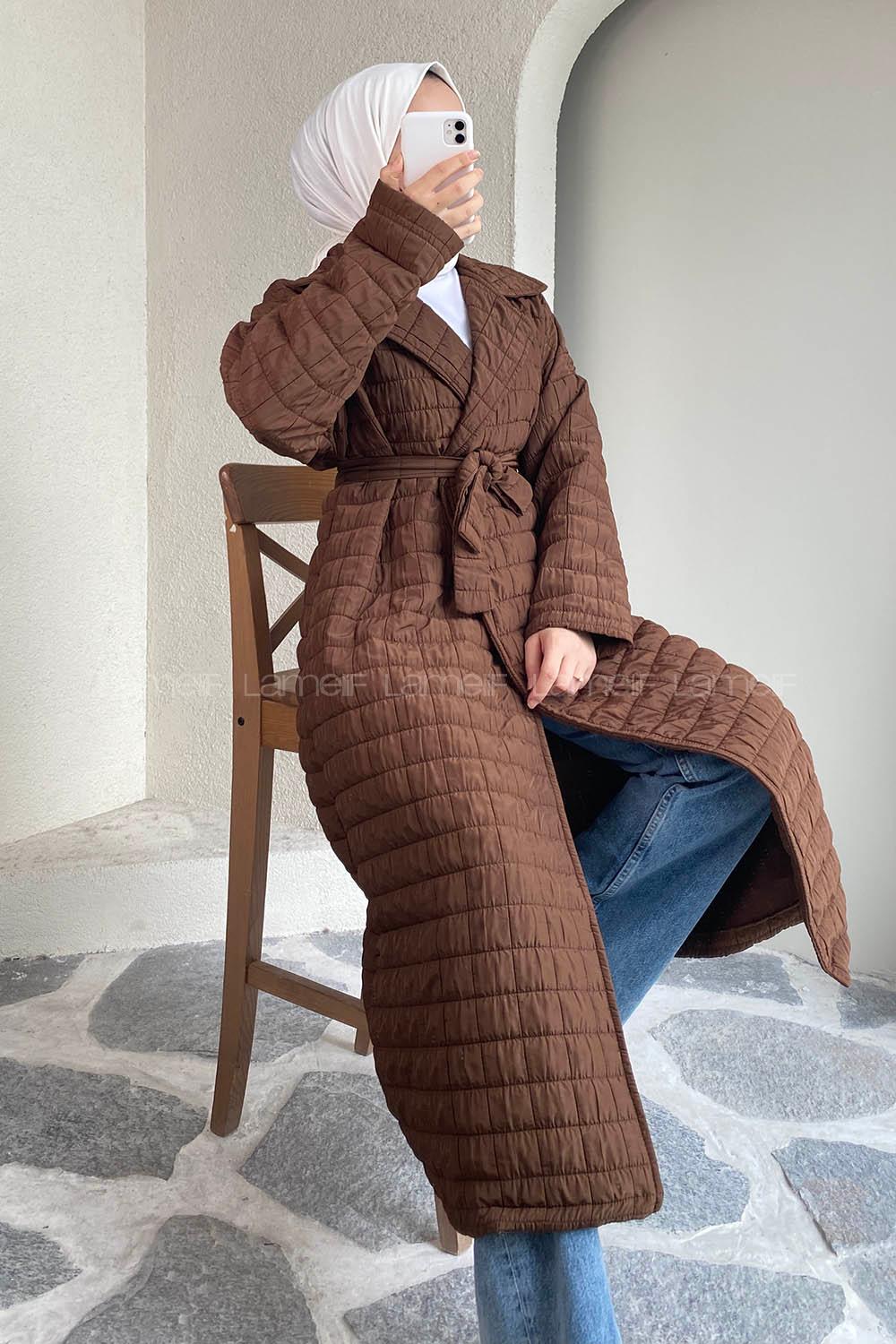 Modalamelif Kare Desenli Kuşak Bağlamalı Çift Cepli Kaban Acıkahve