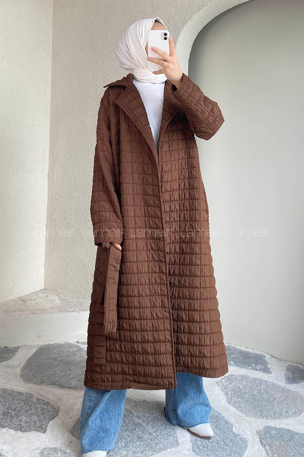 Modalamelif Kare Desenli Kuşak Bağlamalı Çift Cepli Kaban Acıkahve