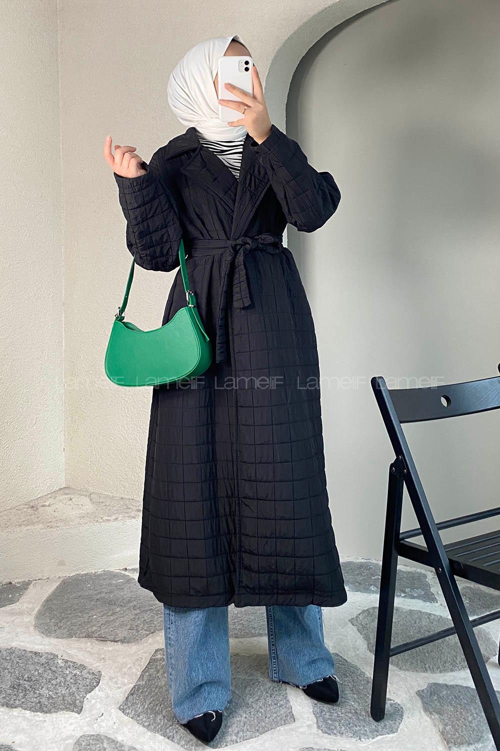 Modalamelif Kare Desenli Kuşak Bağlamalı Çift Cepli Kaban Siyah