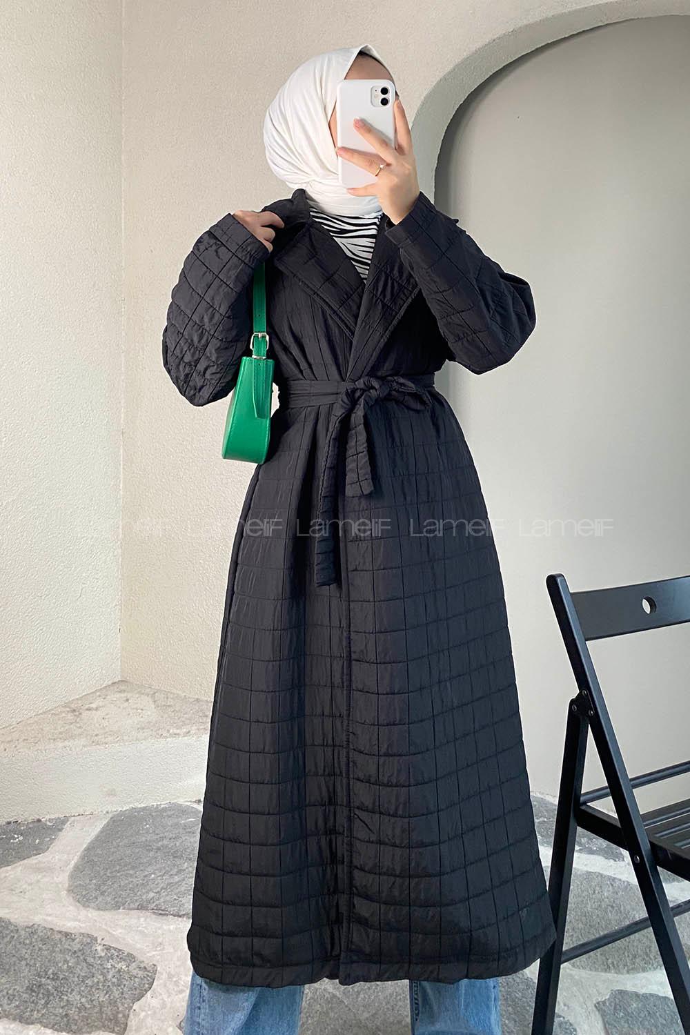 Modalamelif Kare Desenli Kuşak Bağlamalı Çift Cepli Kaban Siyah