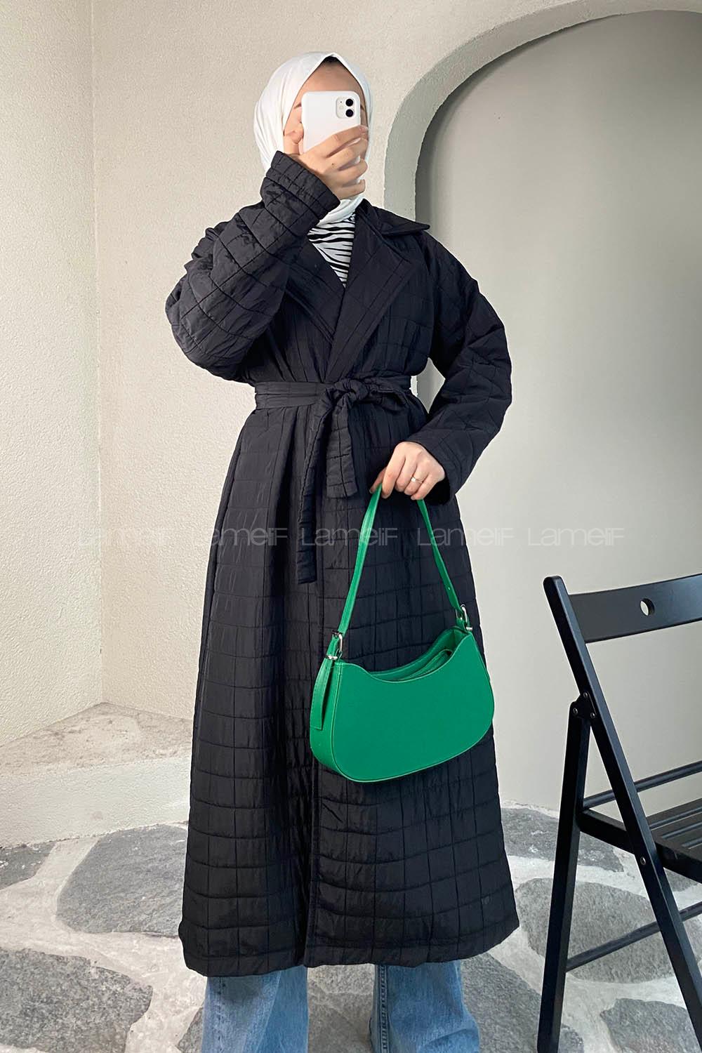 Modalamelif Kare Desenli Kuşak Bağlamalı Çift Cepli Kaban Siyah