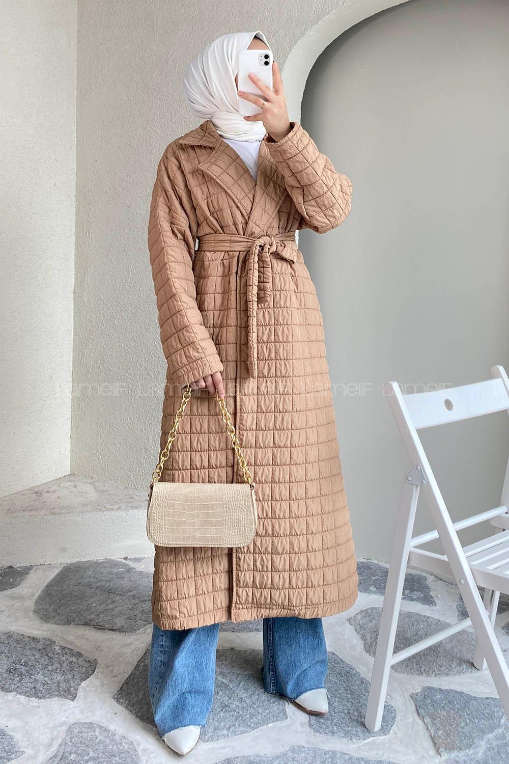 Modalamelif Kare Desenli Kuşak Bağlamalı Çift Cepli Kaban Sütlükahve