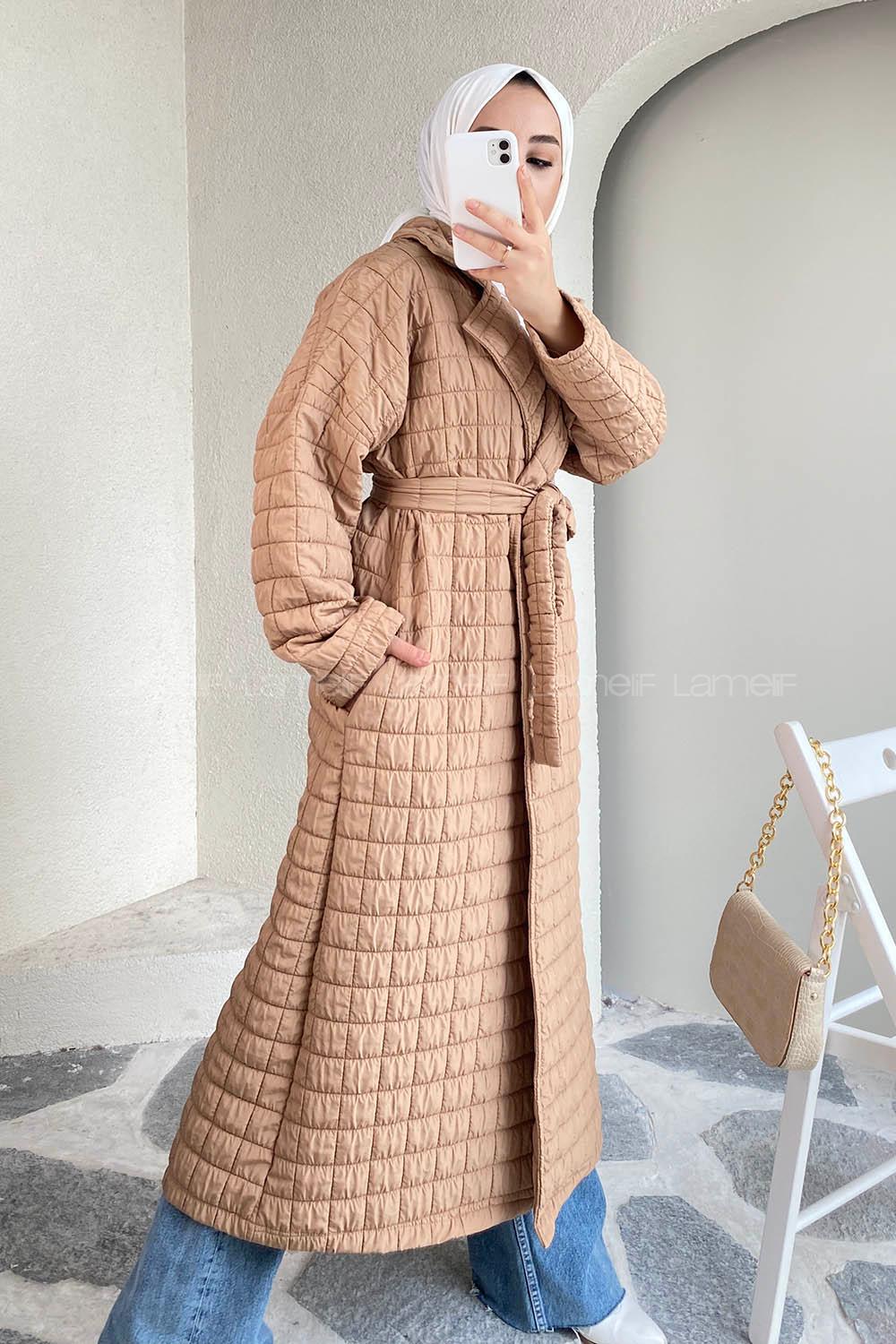 Modalamelif Kare Desenli Kuşak Bağlamalı Çift Cepli Kaban Sütlükahve