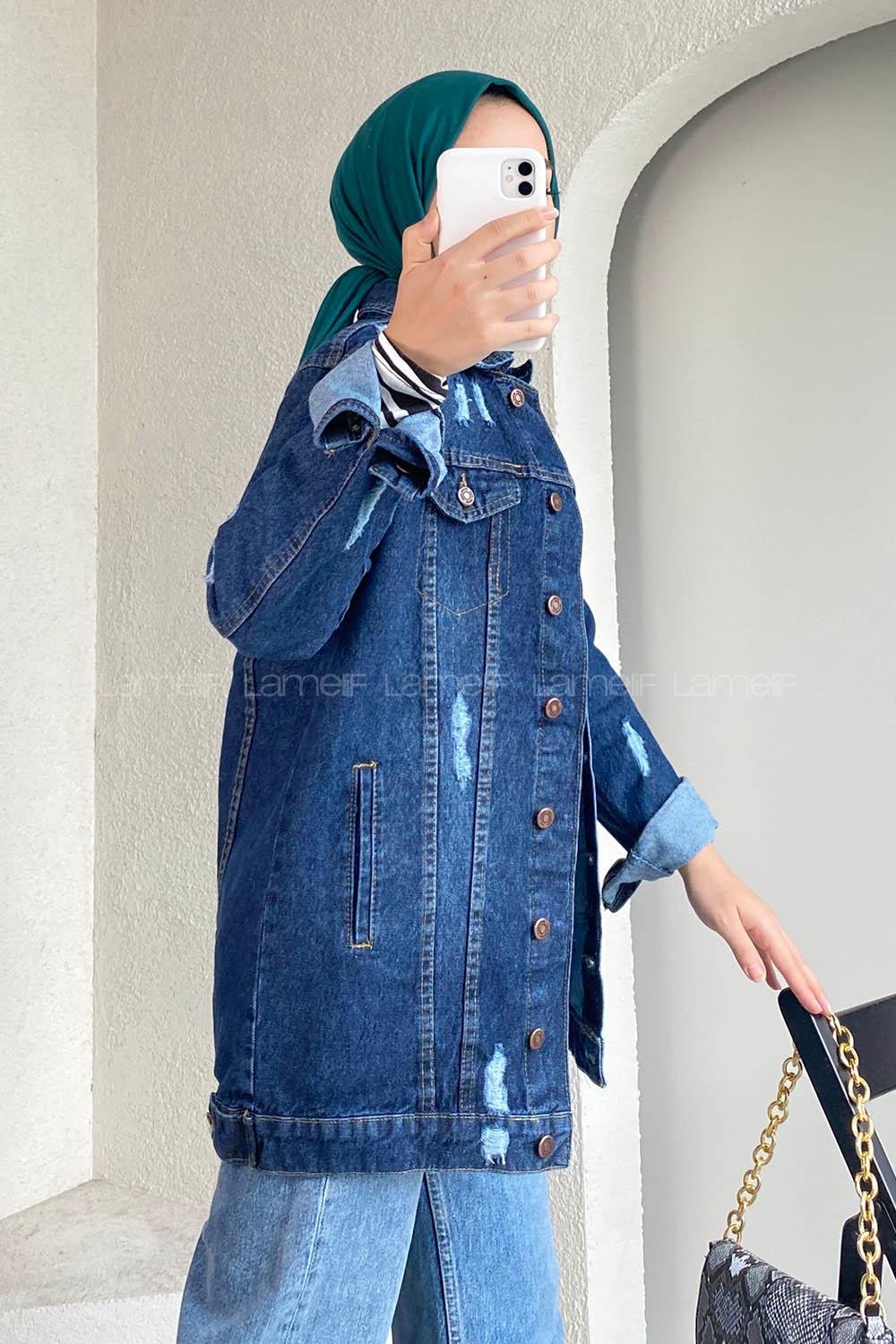 Dark Blue Shirt Collar Long Arm Cotton Fabric Denim Jacket