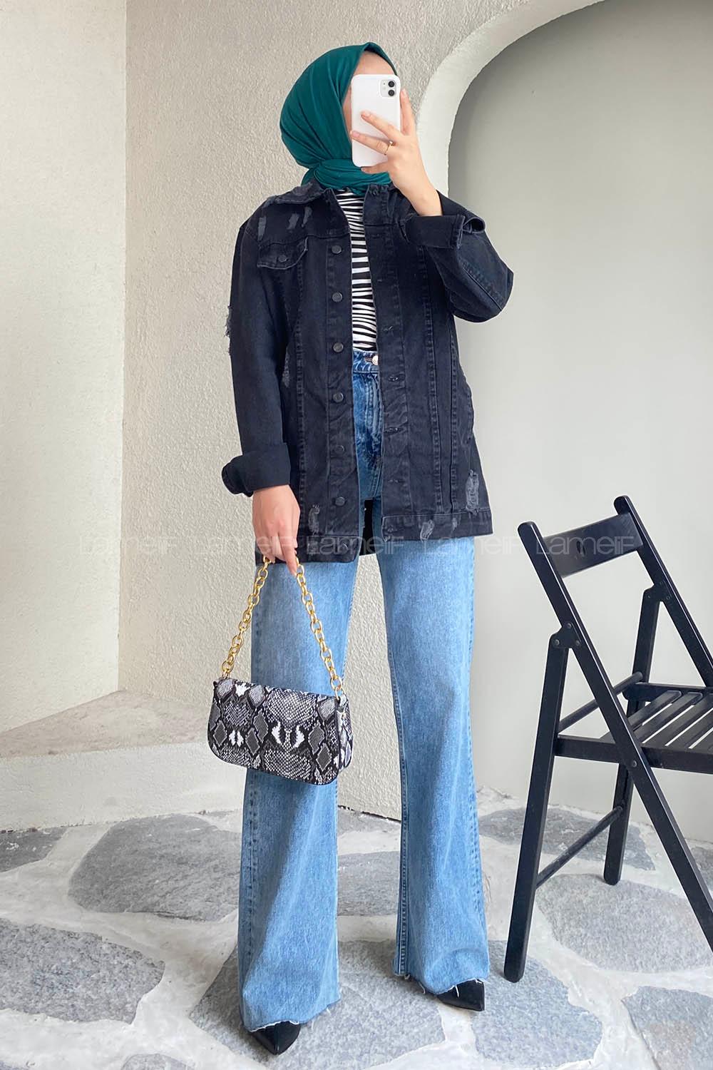 Lamelif Lazer Yırtık İşlemeli Önü Boydan Düğmeli Boyfrnd Ceket Siyah