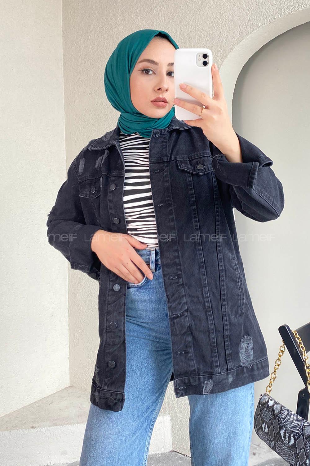 Lamelif Lazer Yırtık İşlemeli Önü Boydan Düğmeli Boyfrnd Ceket Siyah