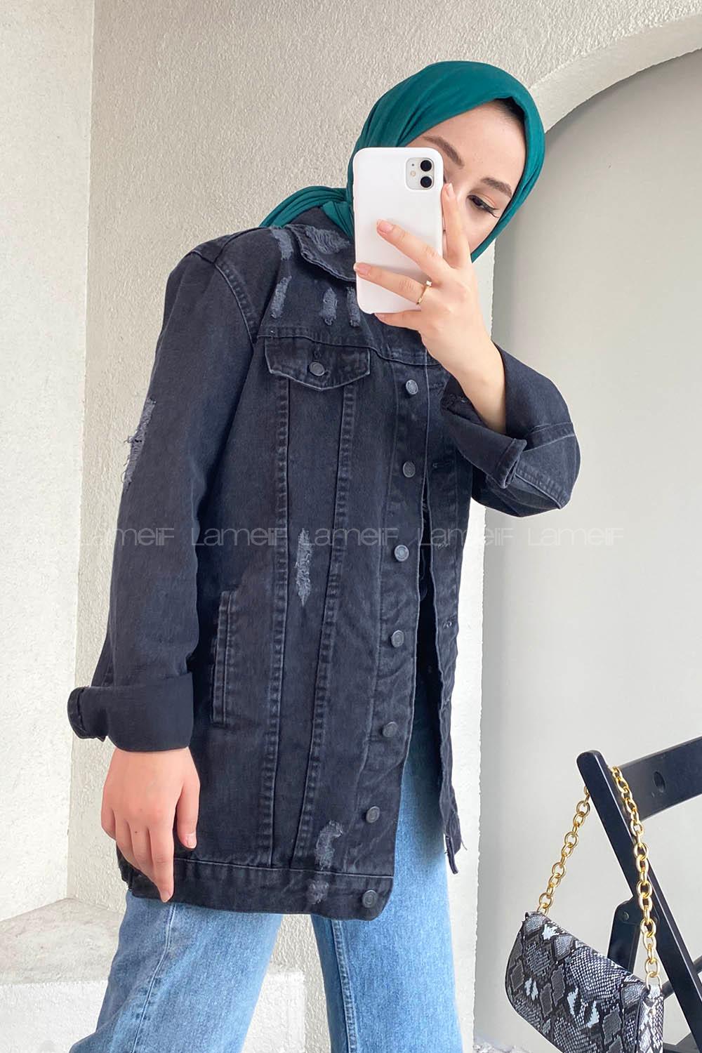 Lamelif Lazer Yırtık İşlemeli Önü Boydan Düğmeli Boyfrnd Ceket Siyah