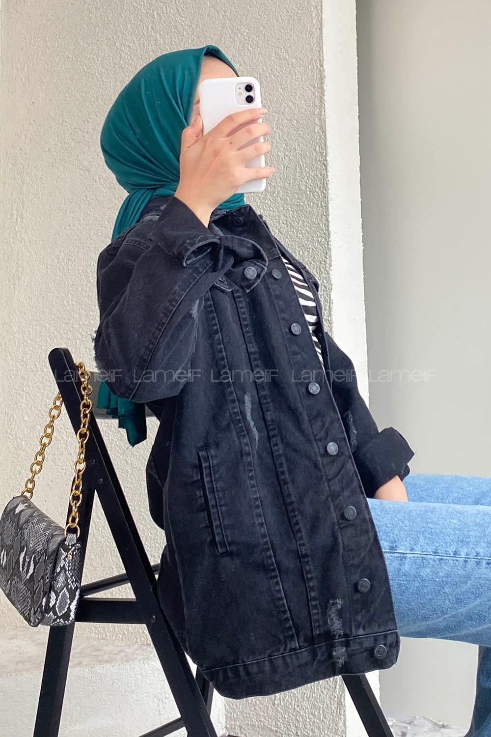 Lamelif Lazer Yırtık İşlemeli Önü Boydan Düğmeli Boyfrnd Ceket Siyah