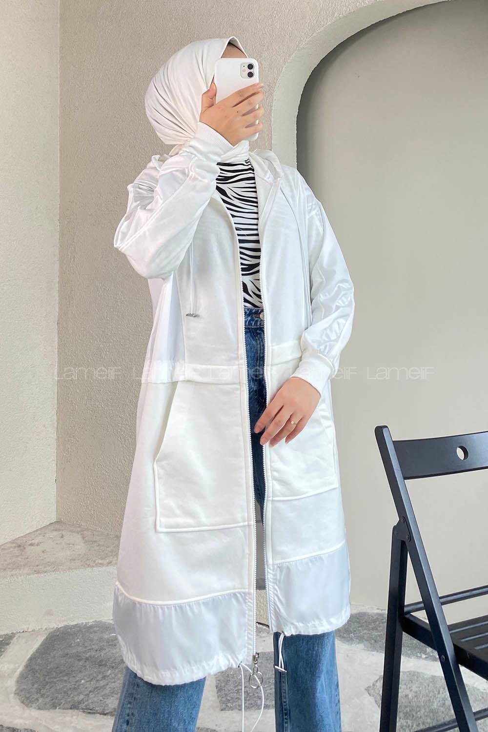 Modalamelif Önü Boydan Fermuar Detaylı Kapüşonlu Tunik Beyaz