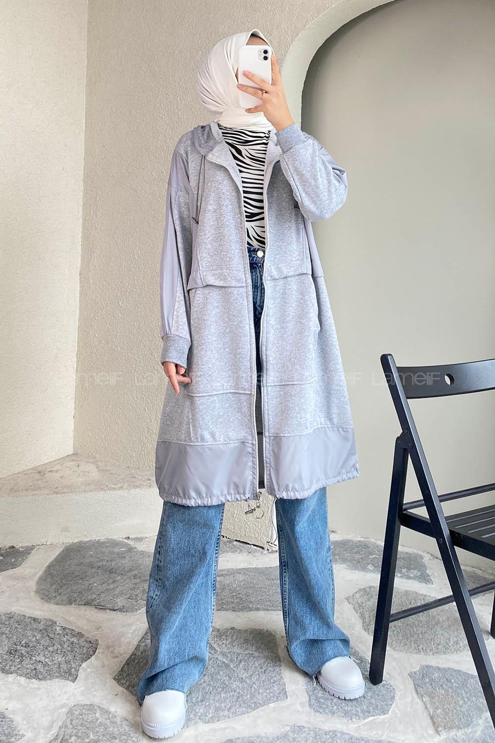 Modalamelif Önü Boydan Fermuar Detaylı Kapüşonlu Tunik Gri
