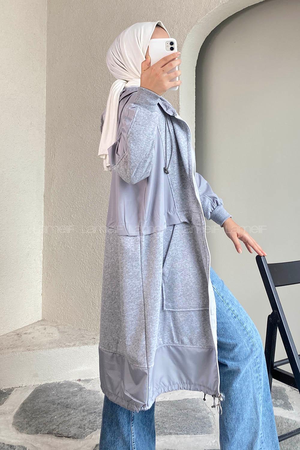 Modalamelif Önü Boydan Fermuar Detaylı Kapüşonlu Tunik Gri