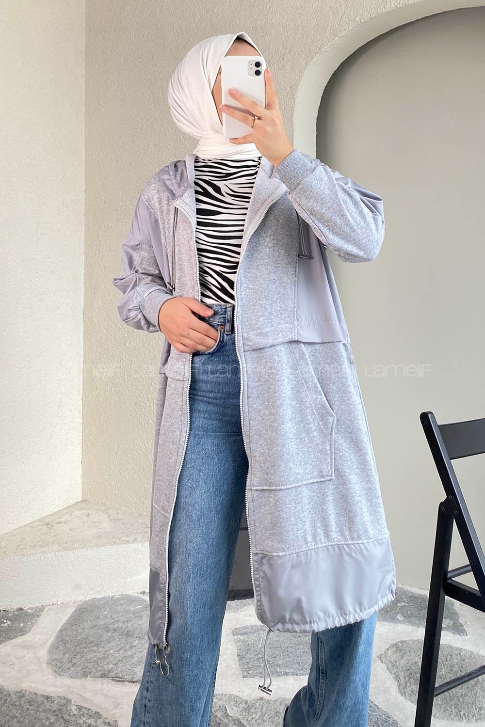 Modalamelif Önü Boydan Fermuar Detaylı Kapüşonlu Tunik Gri