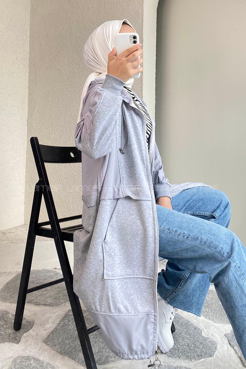 Modalamelif Önü Boydan Fermuar Detaylı Kapüşonlu Tunik Gri