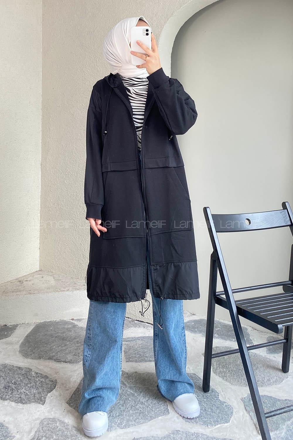 Modalamelif Önü Boydan Fermuar Detaylı Kapüşonlu Tunik Siyah