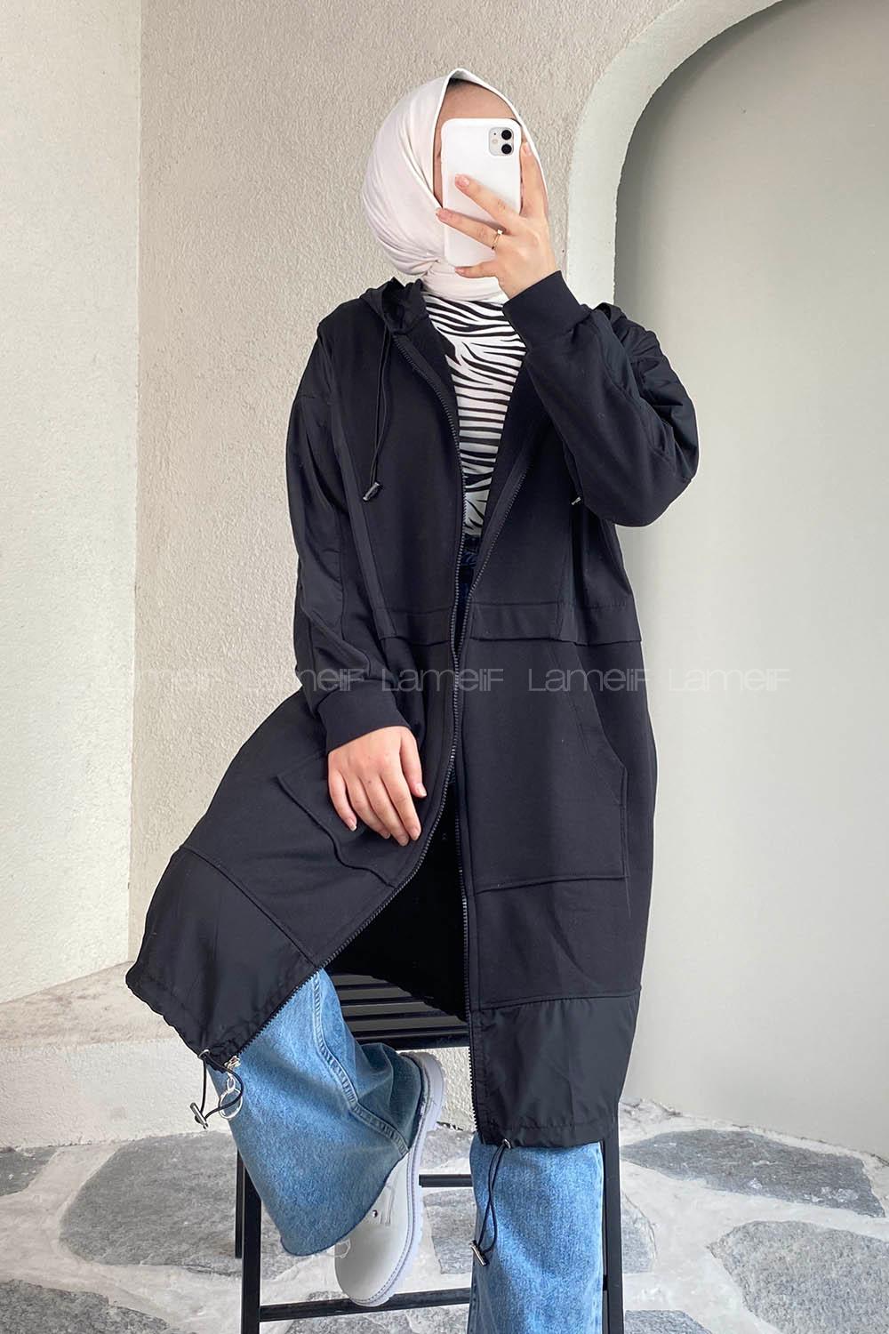 Modalamelif Önü Boydan Fermuar Detaylı Kapüşonlu Tunik Siyah
