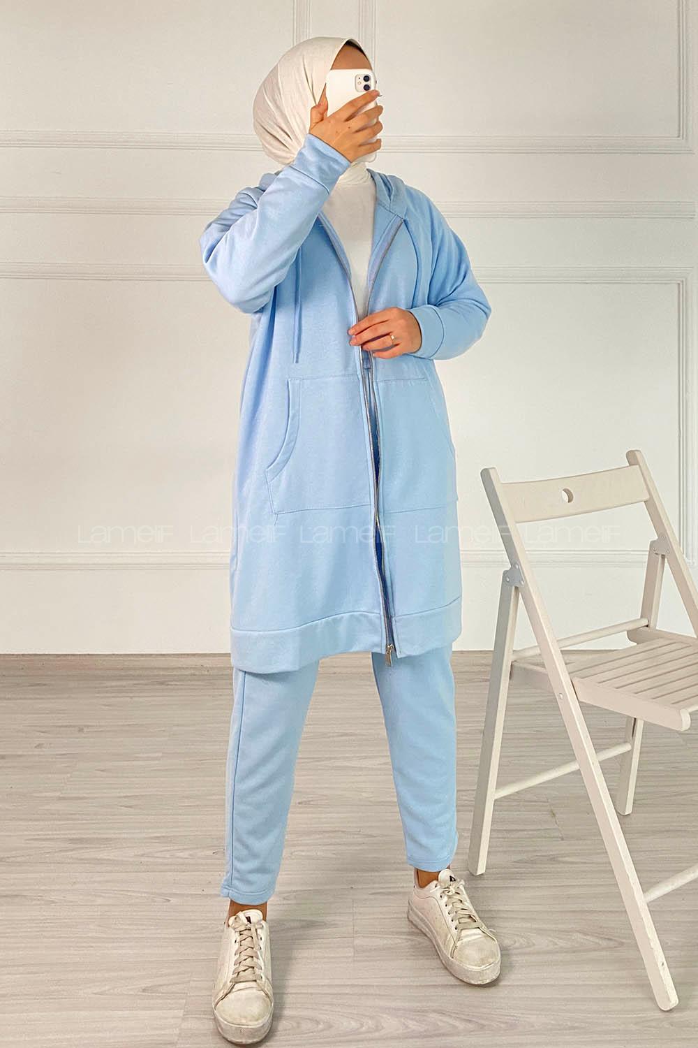 Modalamelif Önü Fermuarlı Kapşonlu İkili Takım Açık Mavi