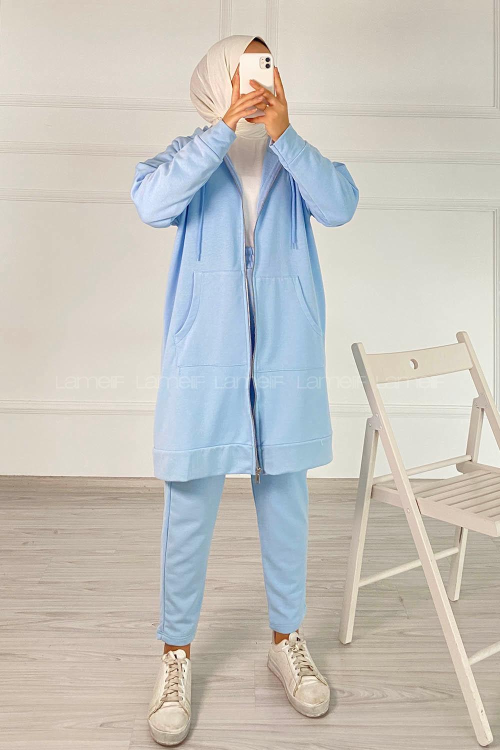 Modalamelif Önü Fermuarlı Kapşonlu İkili Takım Açık Mavi