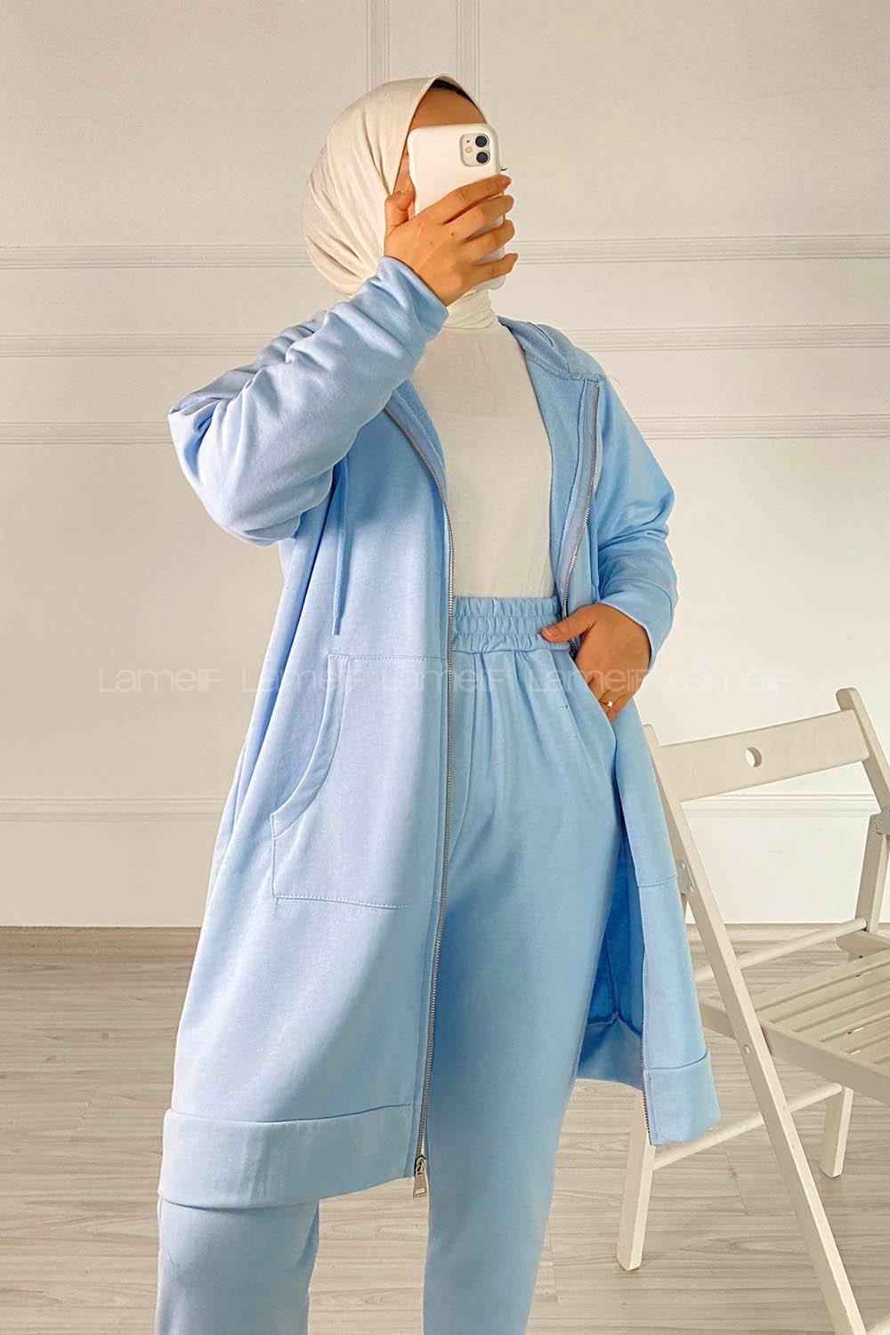 Modalamelif Önü Fermuarlı Kapşonlu İkili Takım Açık Mavi