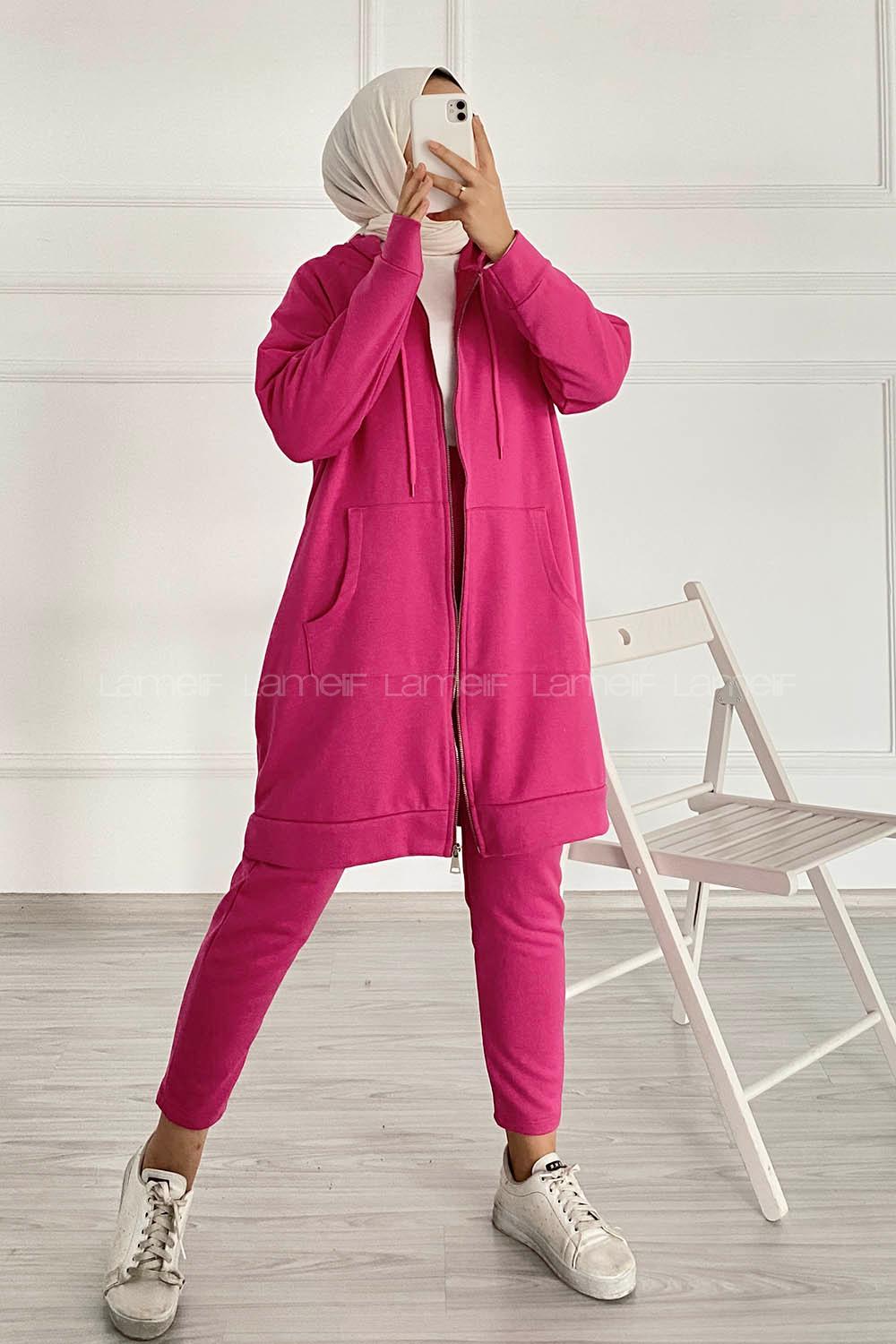Modalamelif Önü Fermuarlı Kapşonlu İkili Takım Fuşya
