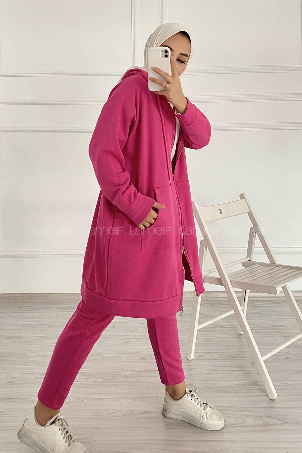 Modalamelif Önü Fermuarlı Kapşonlu İkili Takım Fuşya