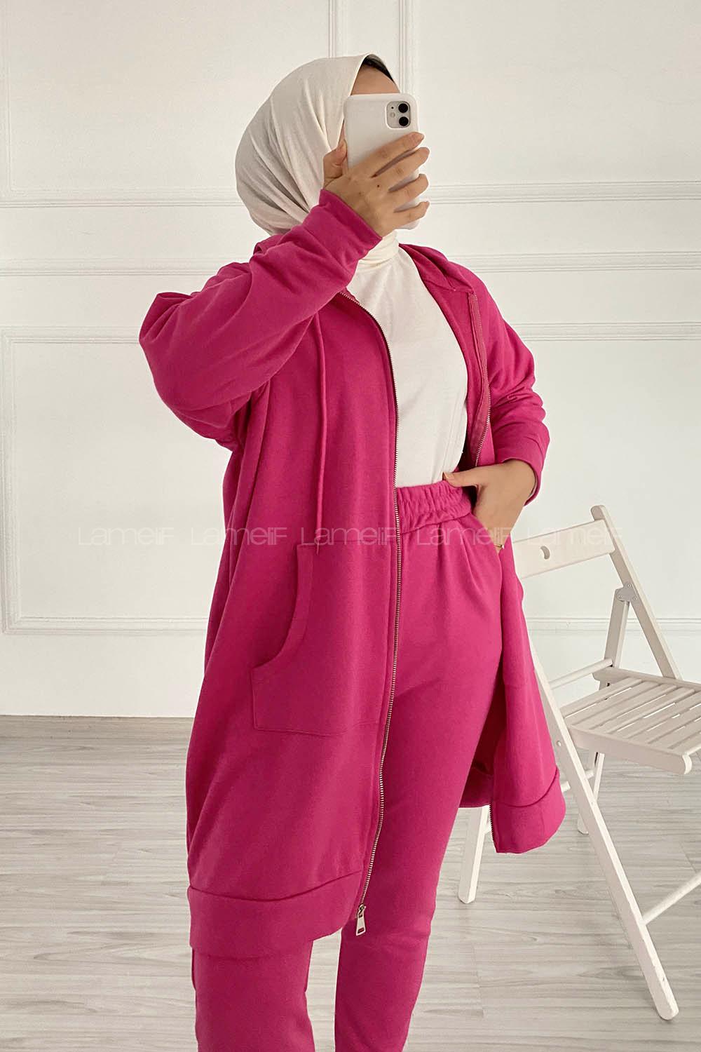 Modalamelif Önü Fermuarlı Kapşonlu İkili Takım Fuşya