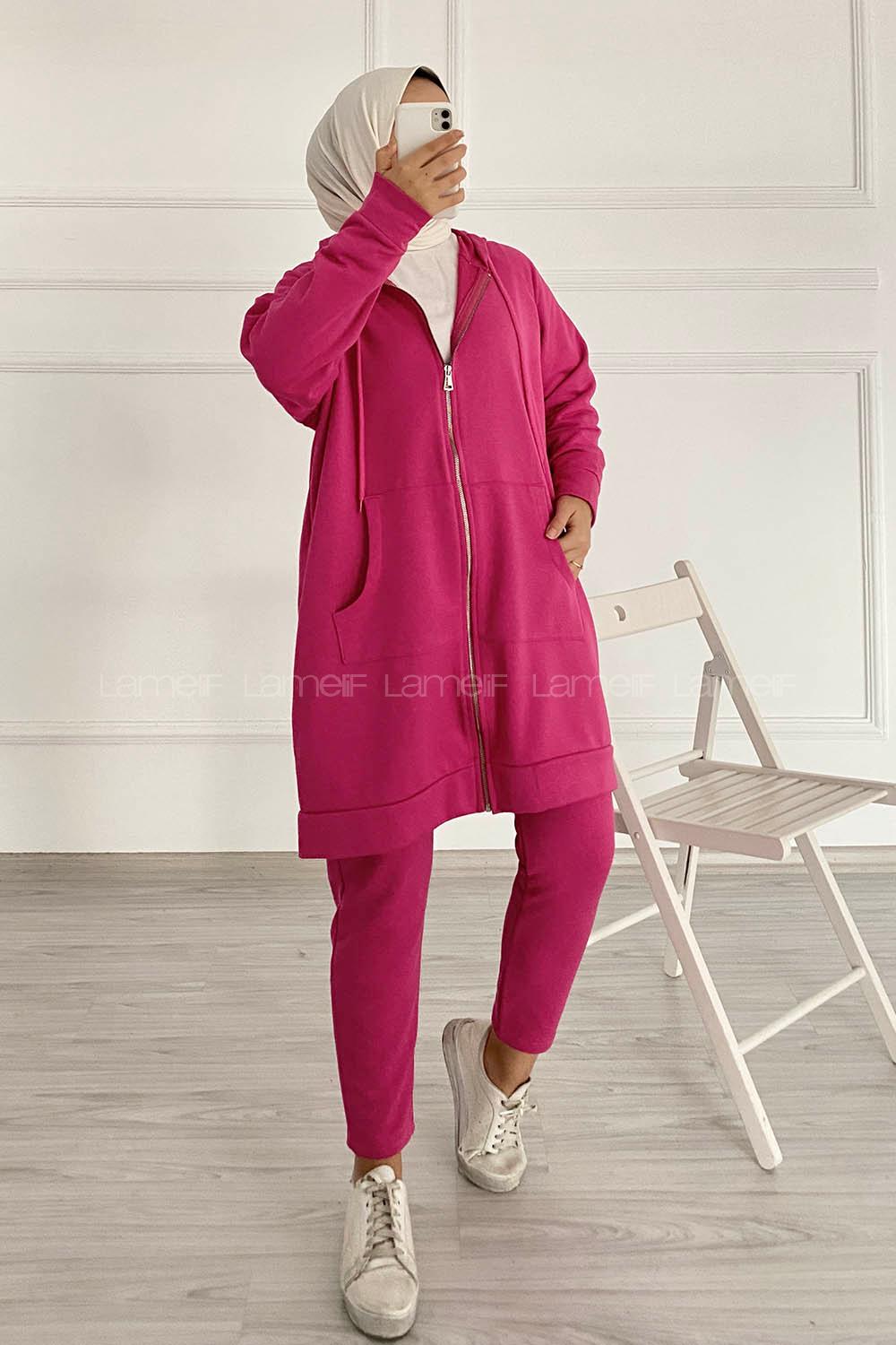 Modalamelif Önü Fermuarlı Kapşonlu İkili Takım Fuşya