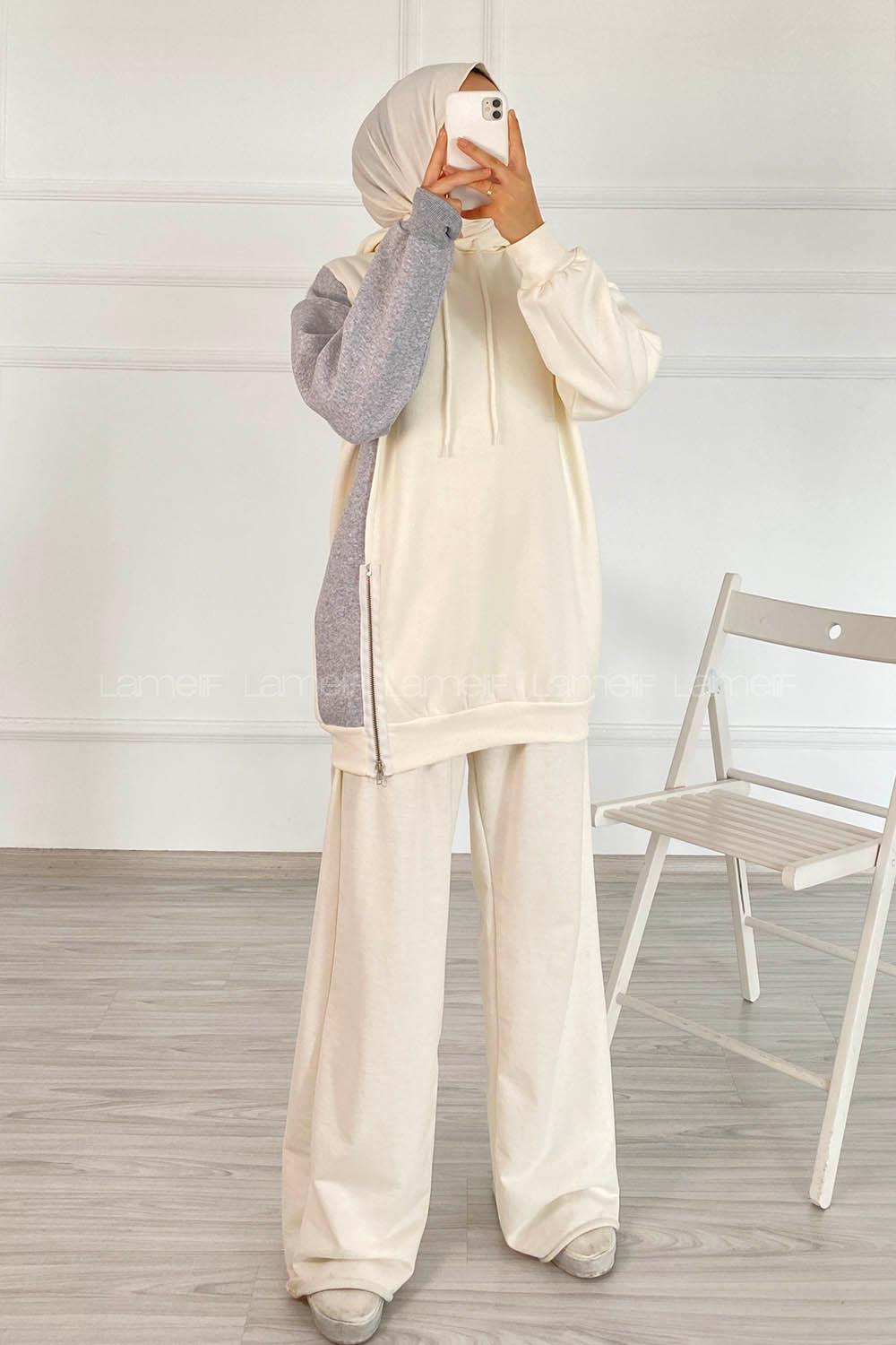 Modalamelif Renk Garnili Sweatshirt Beyaz Gri