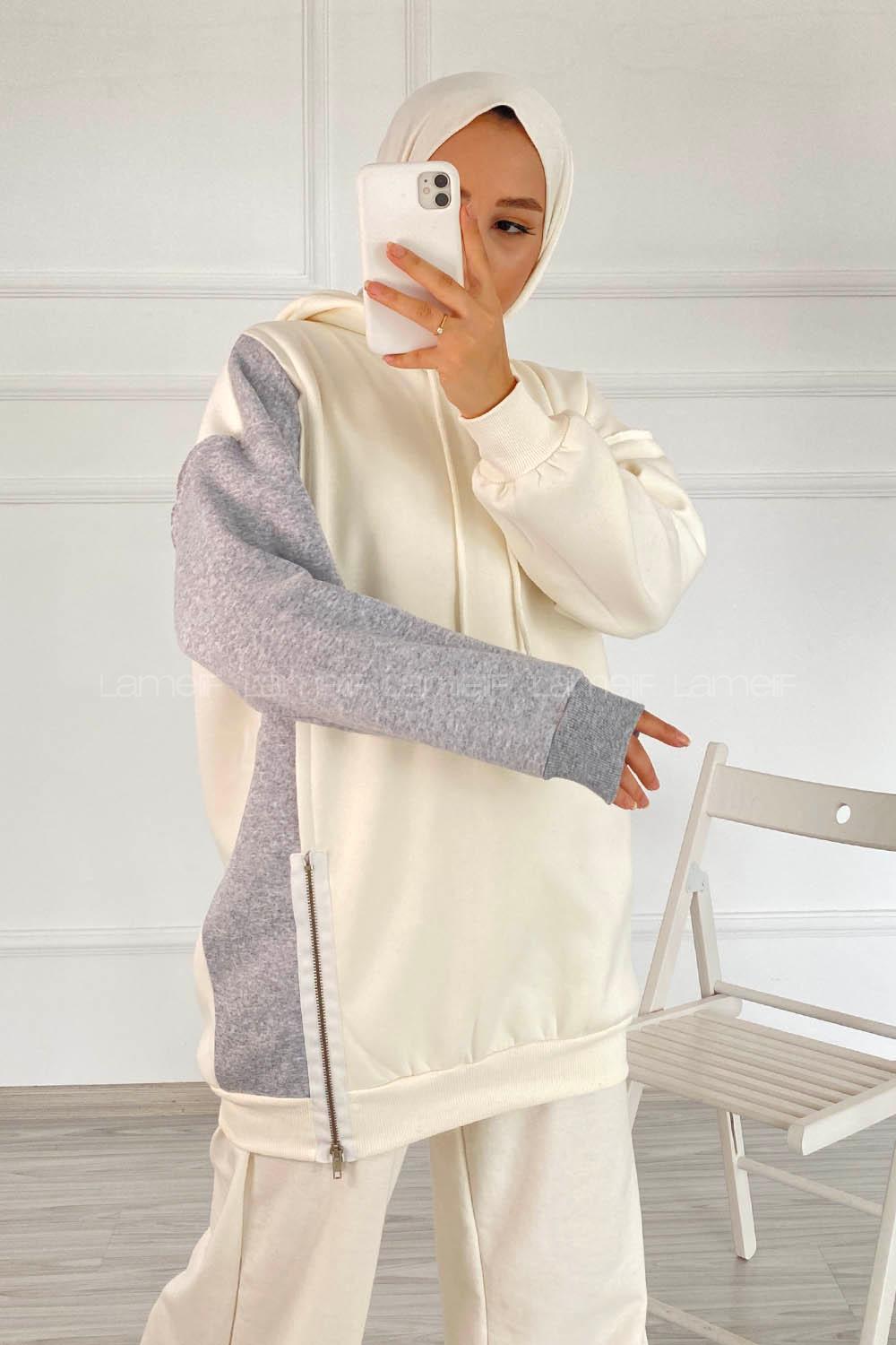 Modalamelif Renk Garnili Sweatshirt Beyaz Gri