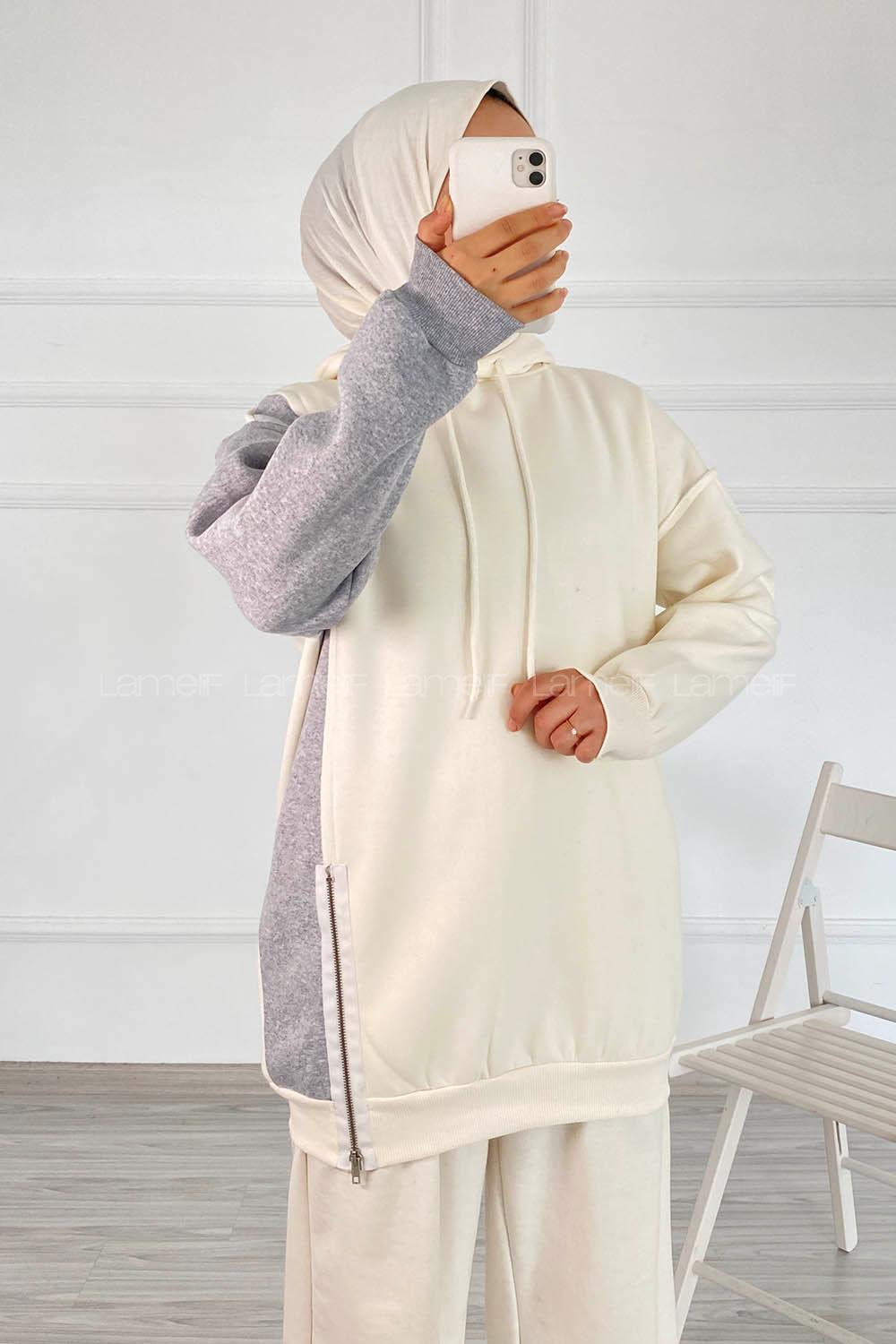 Modalamelif Renk Garnili Sweatshirt Beyaz Gri