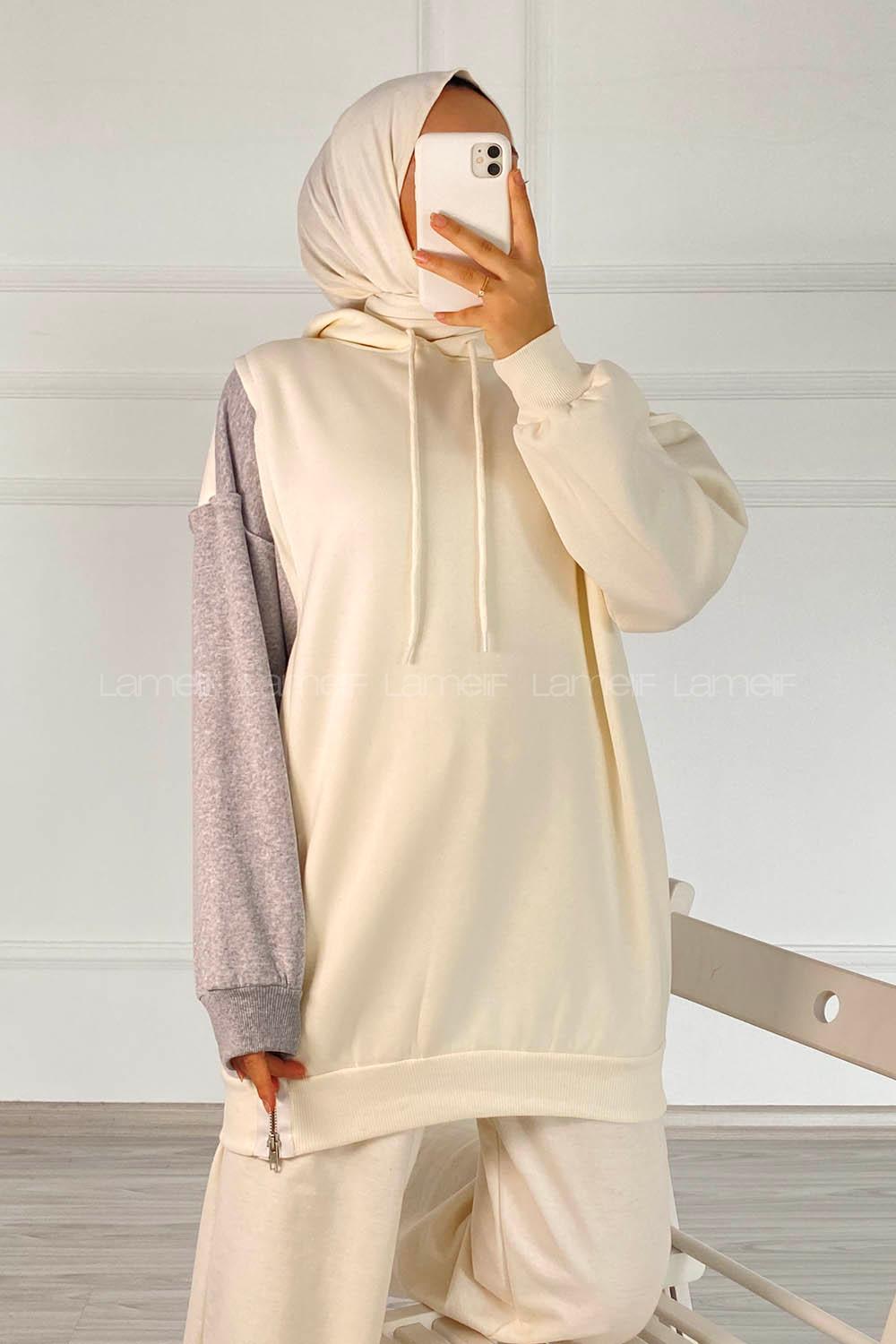 Modalamelif Renk Garnili Sweatshirt Beyaz Gri