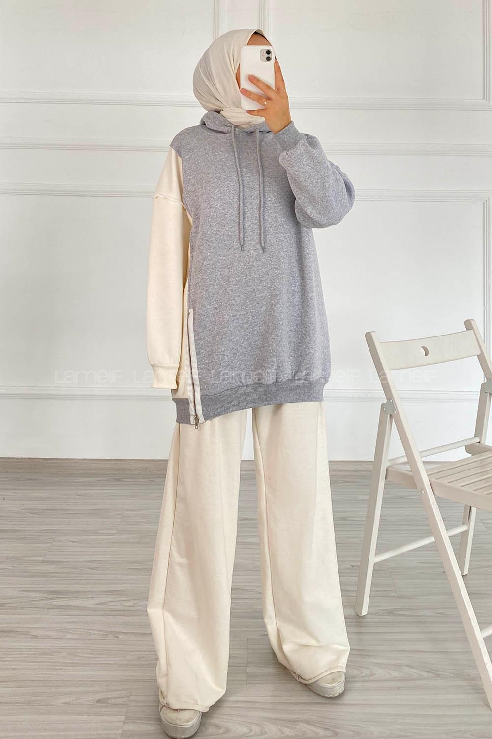 Modalamelif Renk Garnili Sweatshirt Gri Beyaz