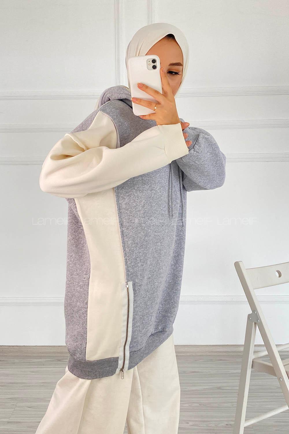 Modalamelif Renk Garnili Sweatshirt Gri Beyaz