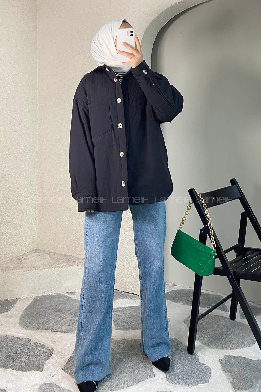 Modalamelif Tek Cepli Boydan Düğmeli Şişme Mont Siyah