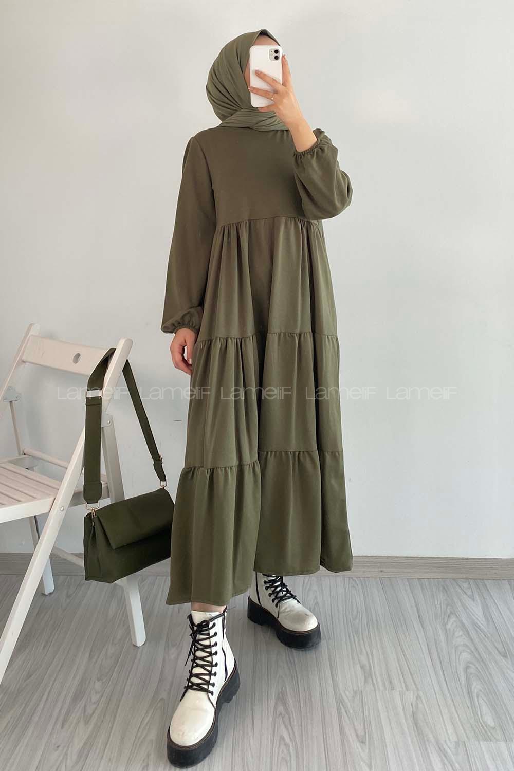 Modalamelif  Bisiklet Yaka Detaylı Eteği Fırfırlı Elbise Haki