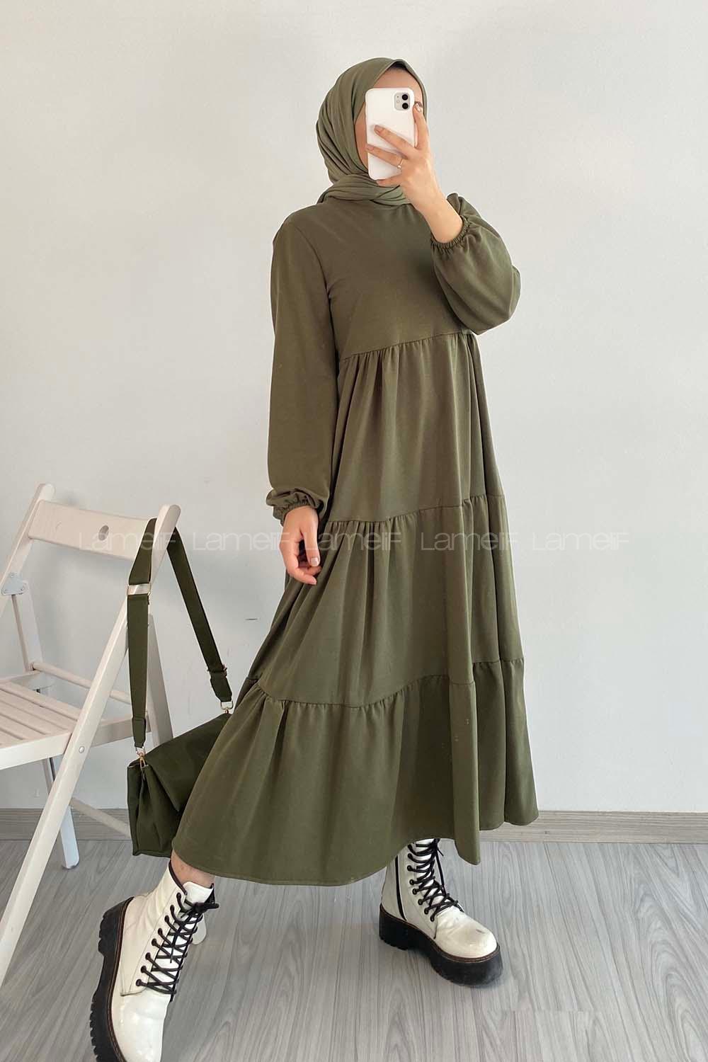 Modalamelif  Bisiklet Yaka Detaylı Eteği Fırfırlı Elbise Haki