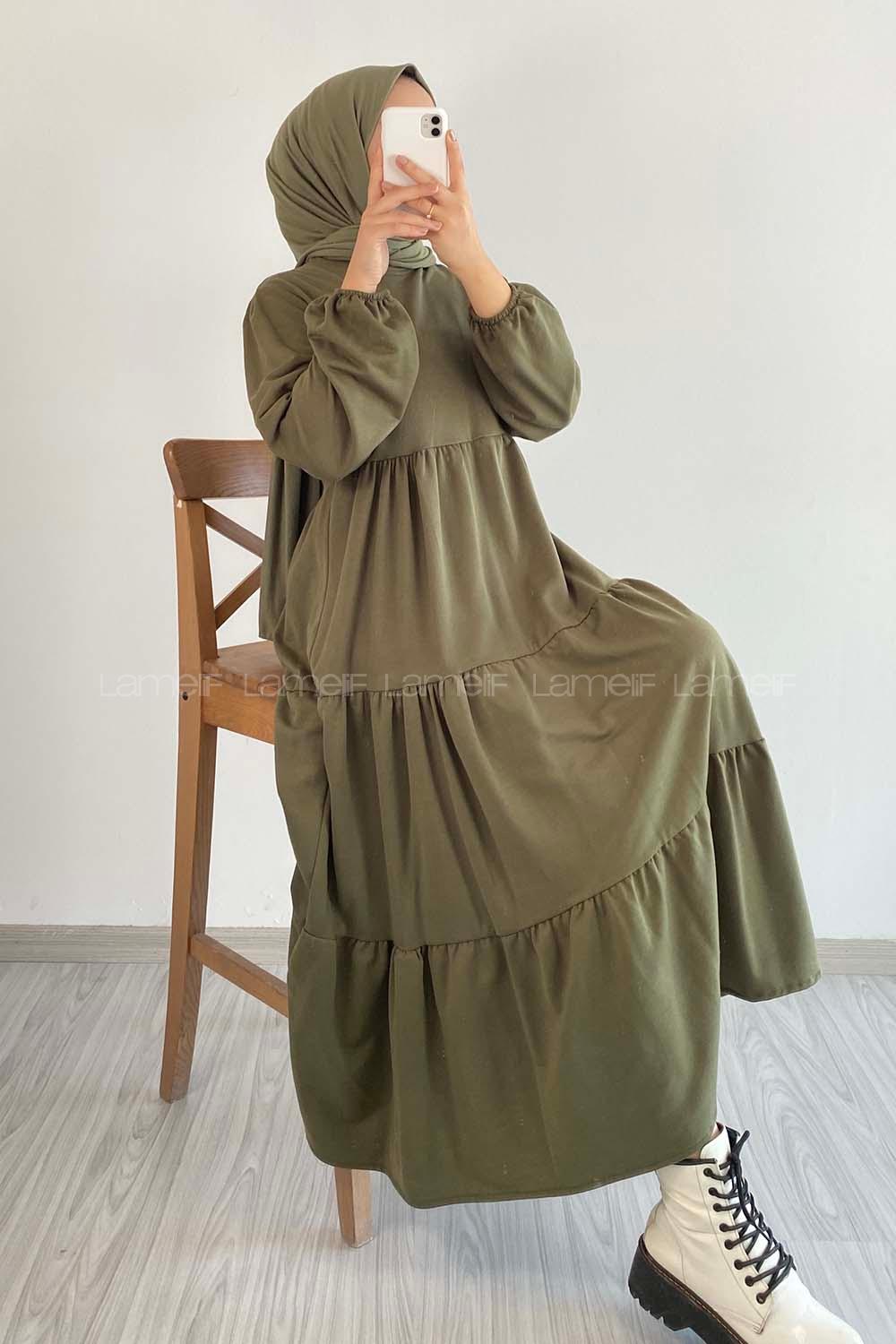 Modalamelif  Bisiklet Yaka Detaylı Eteği Fırfırlı Elbise Haki