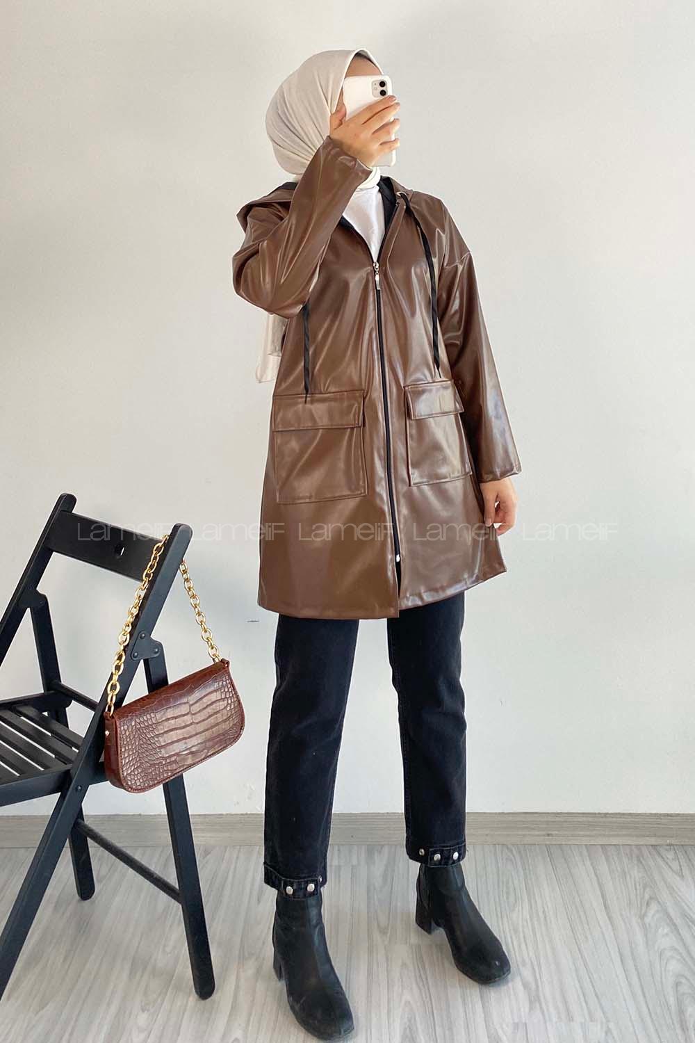 Modalamelif Çift Kapak Cepli Kapüşon Detaylı Fermuarlı Deri Ceket Acıkahve