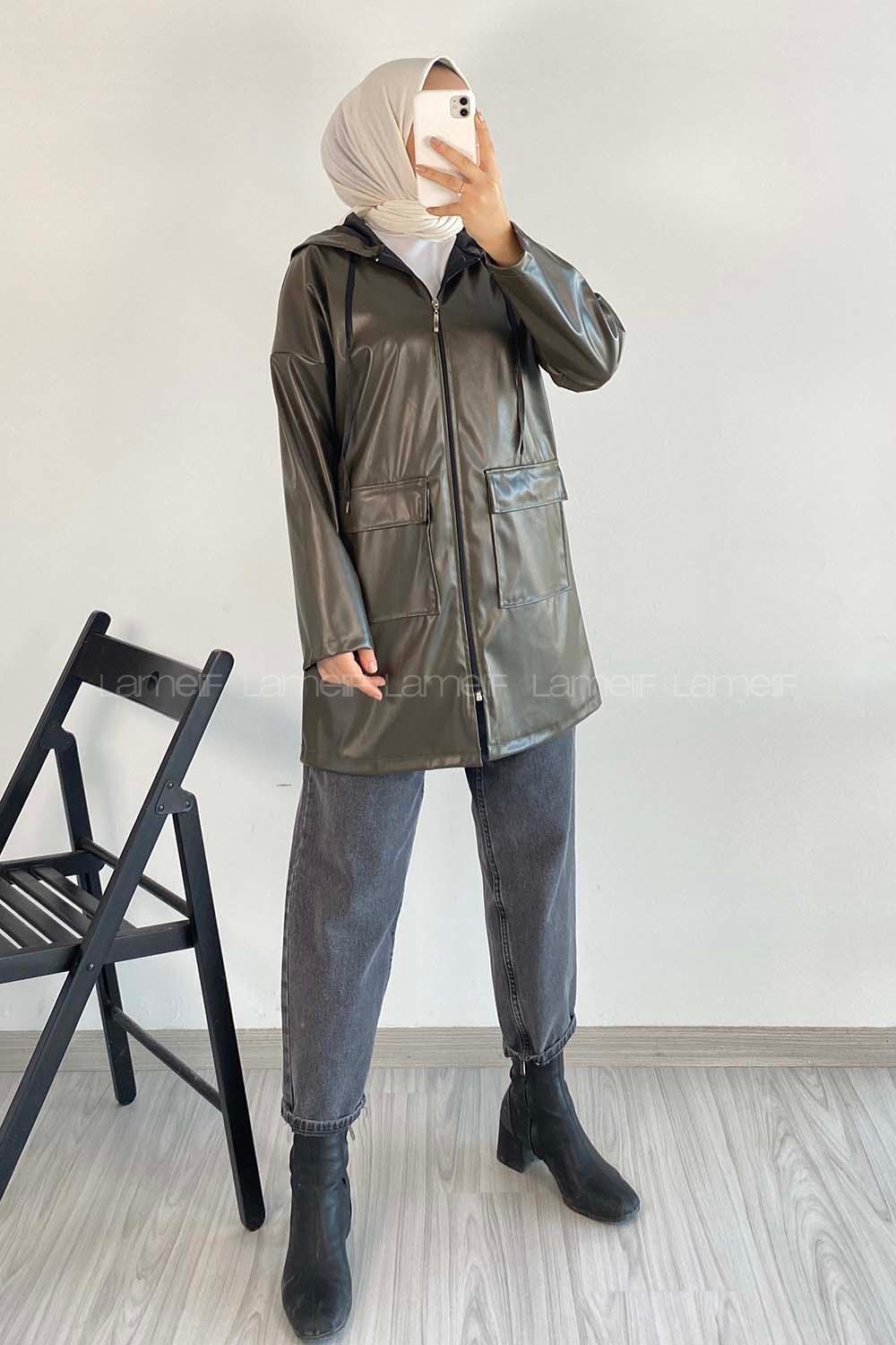 Modalamelif Çift Kapak Cepli Kapüşon Detaylı Fermuarlı Deri Ceket Haki