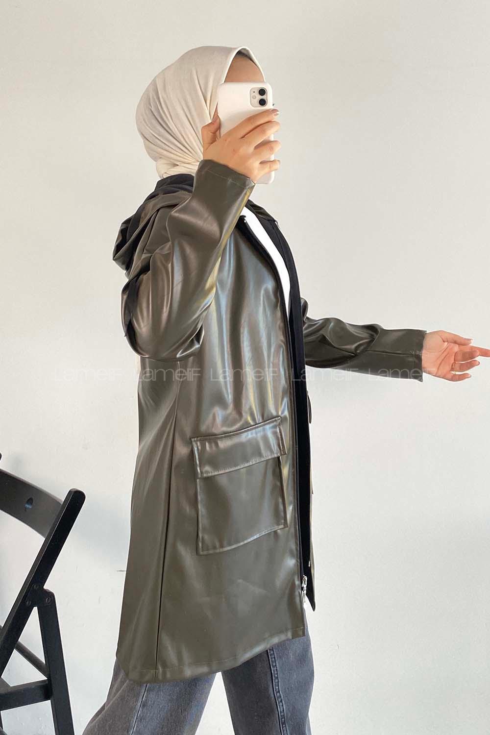 Modalamelif Çift Kapak Cepli Kapüşon Detaylı Fermuarlı Deri Ceket Haki