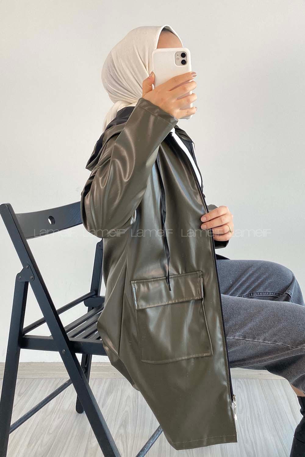 Modalamelif Çift Kapak Cepli Kapüşon Detaylı Fermuarlı Deri Ceket Haki