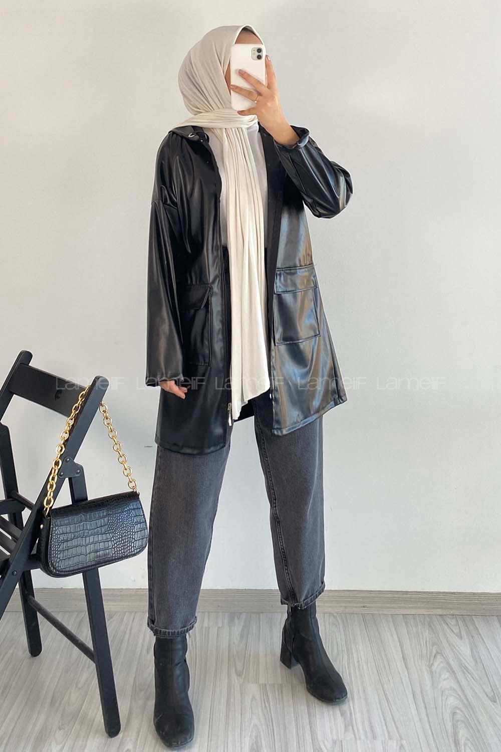 Modalamelif Çift Kapak Cepli Kapüşon Detaylı Fermuarlı Deri Ceket Siyah