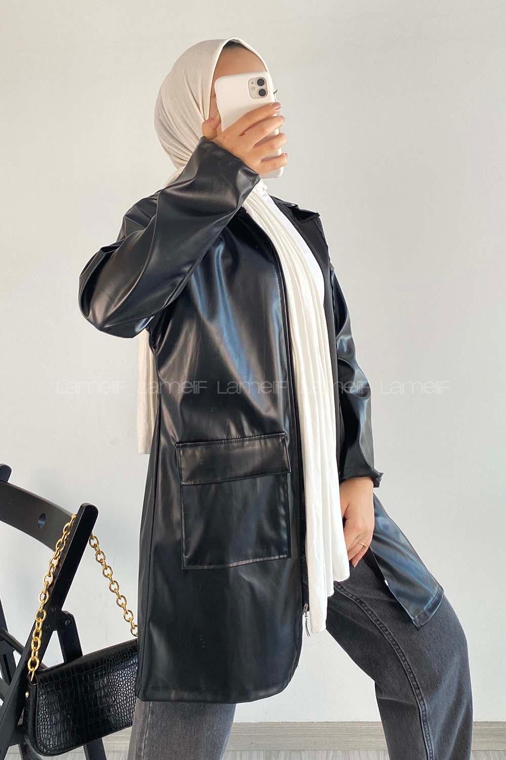 Modalamelif Çift Kapak Cepli Kapüşon Detaylı Fermuarlı Deri Ceket Siyah