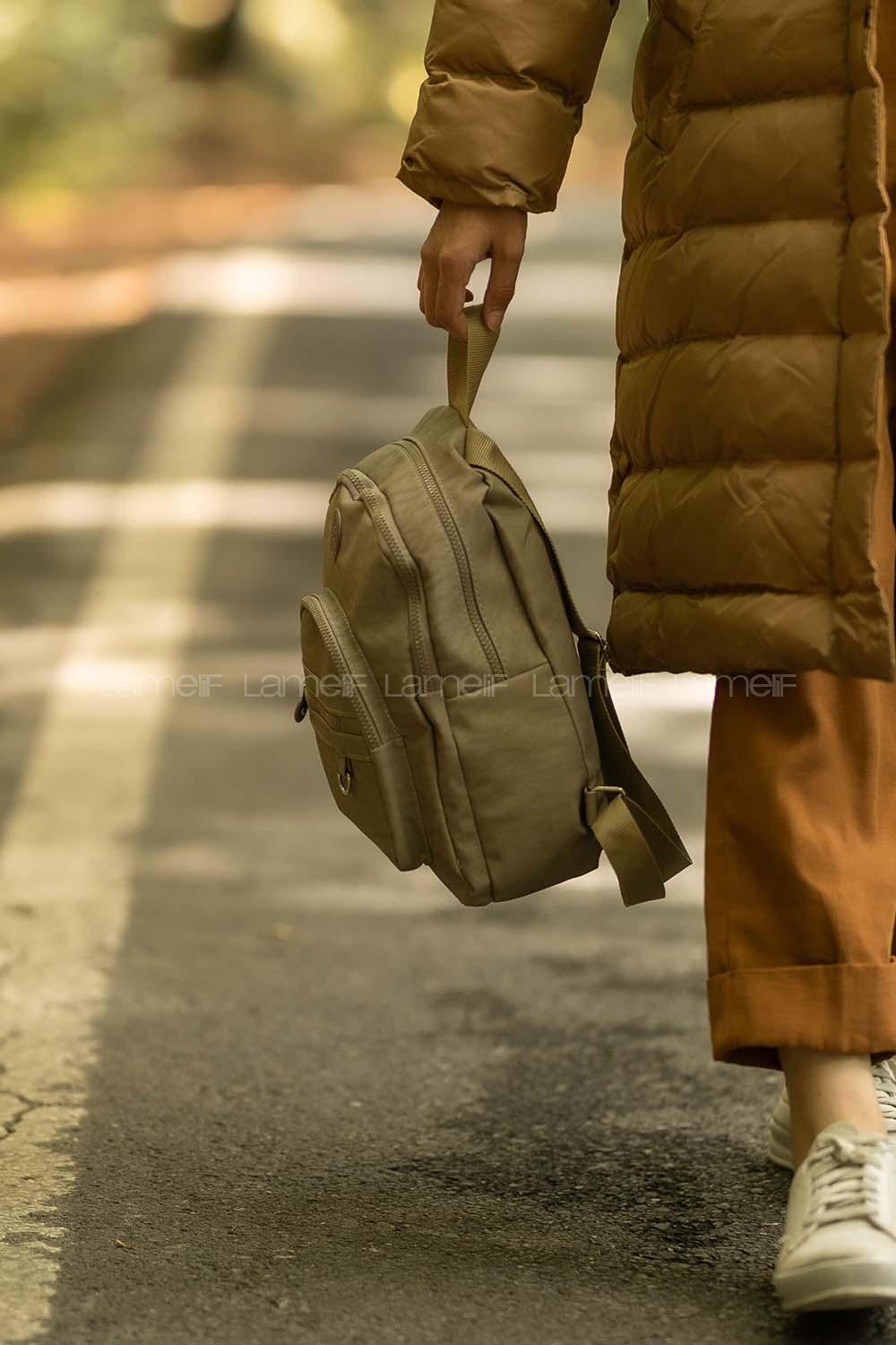 Lamelif Çok Bölmeli Kırınkıl Kumaş Sırt Çantası Vizon