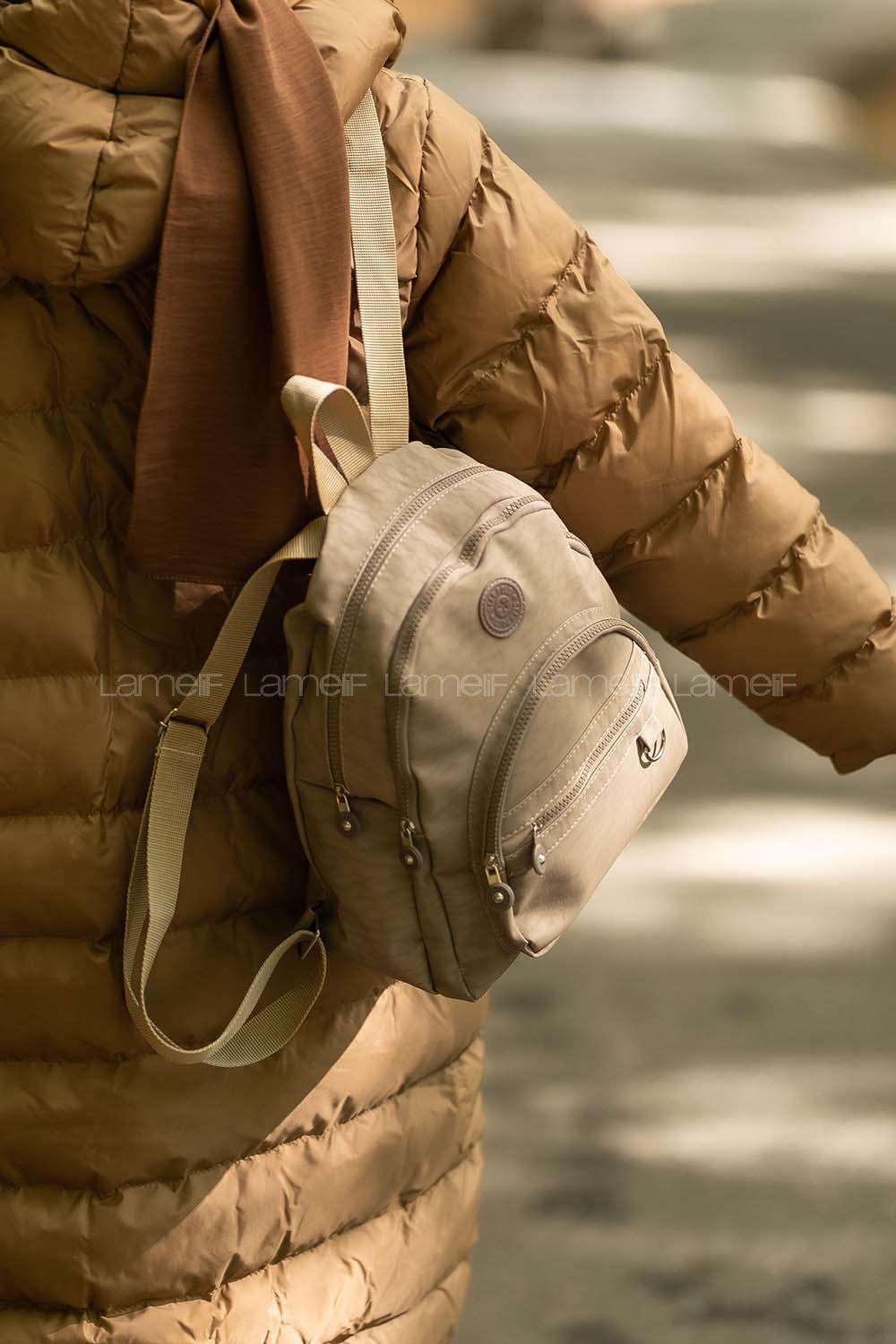 Lamelif Çok Bölmeli Kırınkıl Kumaş Sırt Çantası Vizon