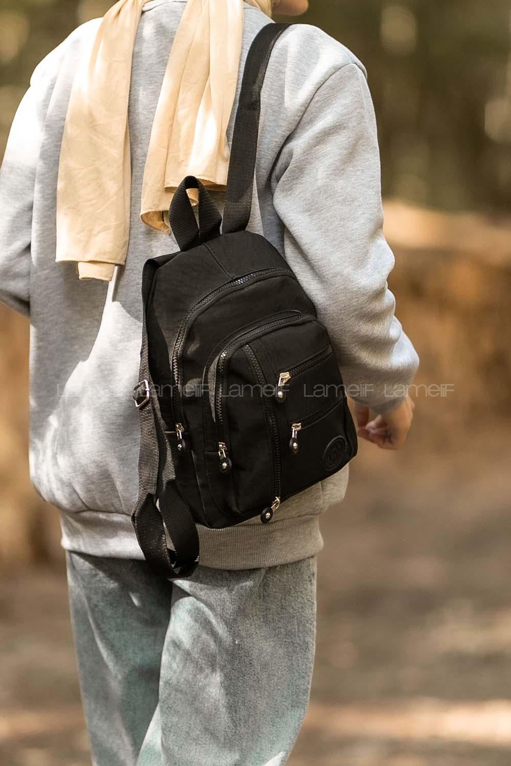 Modalamelif  Çok Bölmeli Krınkıl Kumaş Sırt Çantası Siyah