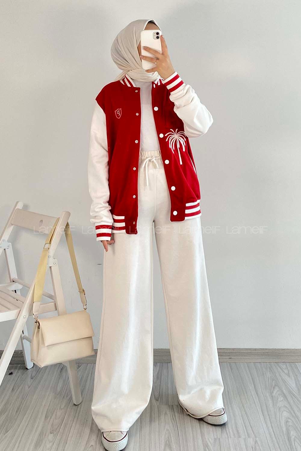 Modalamelif LA Nakışlı Sırt Nakış İşlemeli Kolej Ceket Kırmızı-Ekru