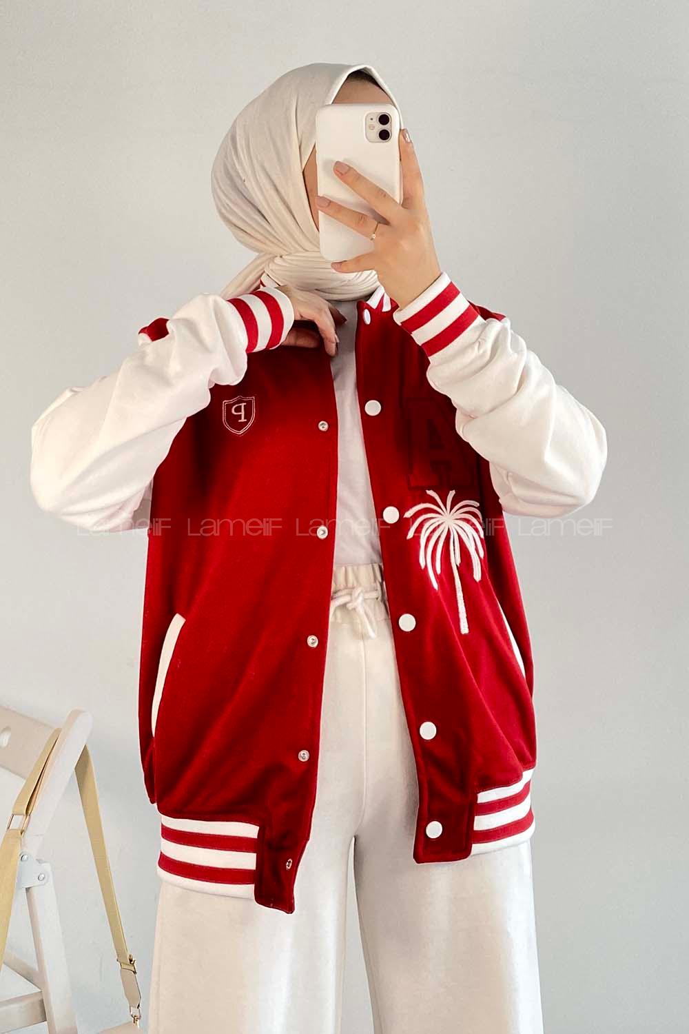 Modalamelif LA Nakışlı Sırt Nakış İşlemeli Kolej Ceket Kırmızı-Ekru